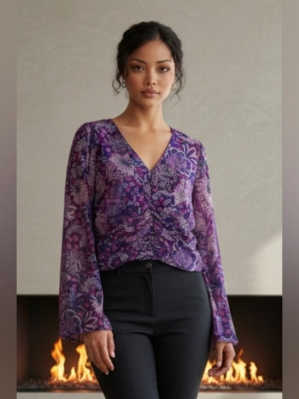 Escada  42/L  Vintage Fabulous Purple Floral Long Bell Sleeve Silk Blouse V-Neck
